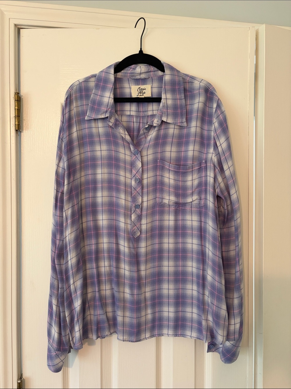 Casual Lavender Plaid Button Henley Tunic - Women
